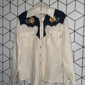 Victor Costa Cream Plaid Western Shirt with Navy Yoke and Yellow Rose Embroidery